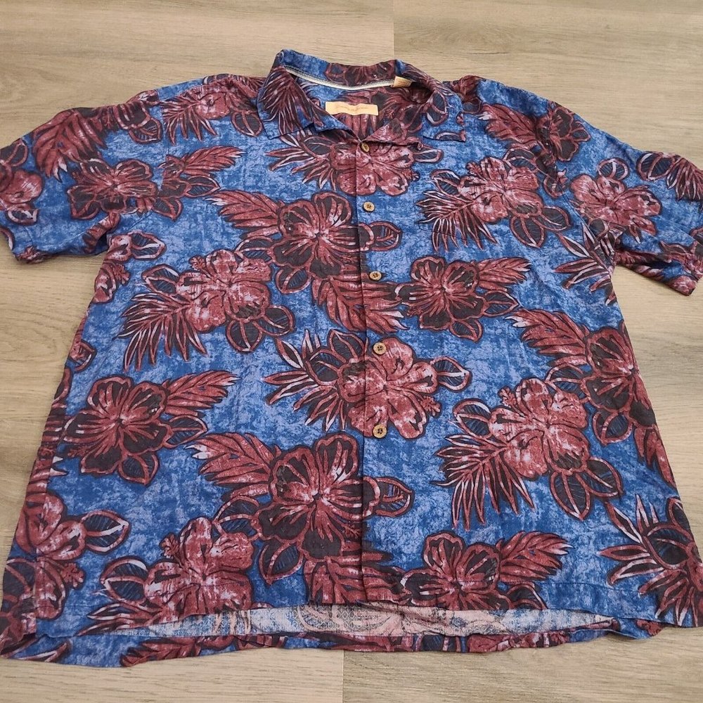 Hawaiian Shirt TOMMY BAHAMA Silk Colorful HIbiscus XL Blue Magenta‎ Beautiful